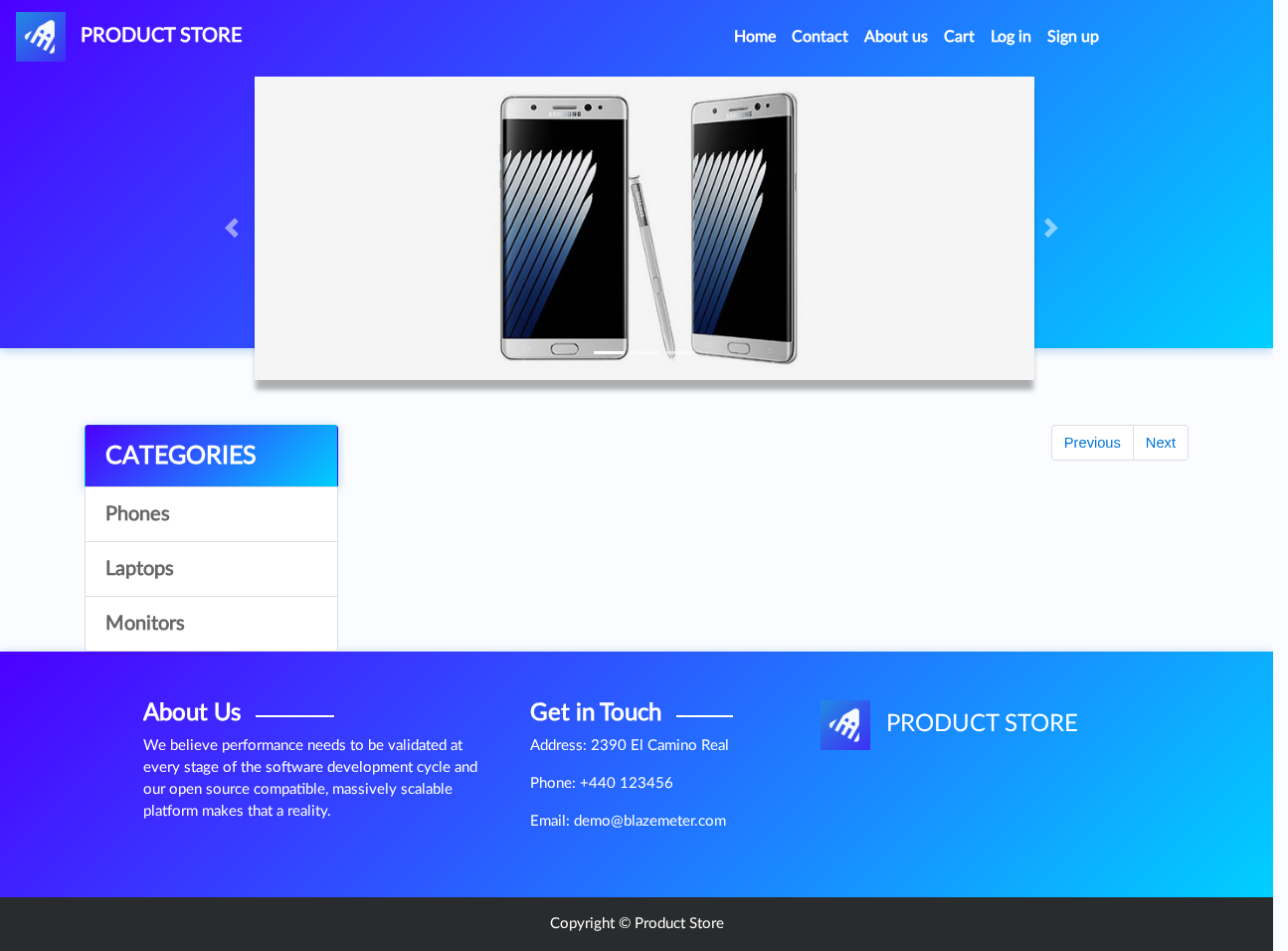 Full-page screenshot of the demoblaze.com storefront homepage as scanned.
